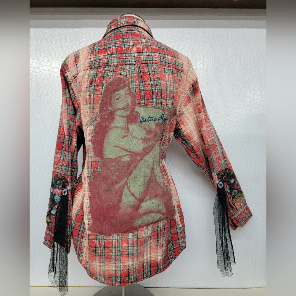 **SOLD******Betty Page Pinup Flannel Shirt Shacket Upcycled Retro Vintage